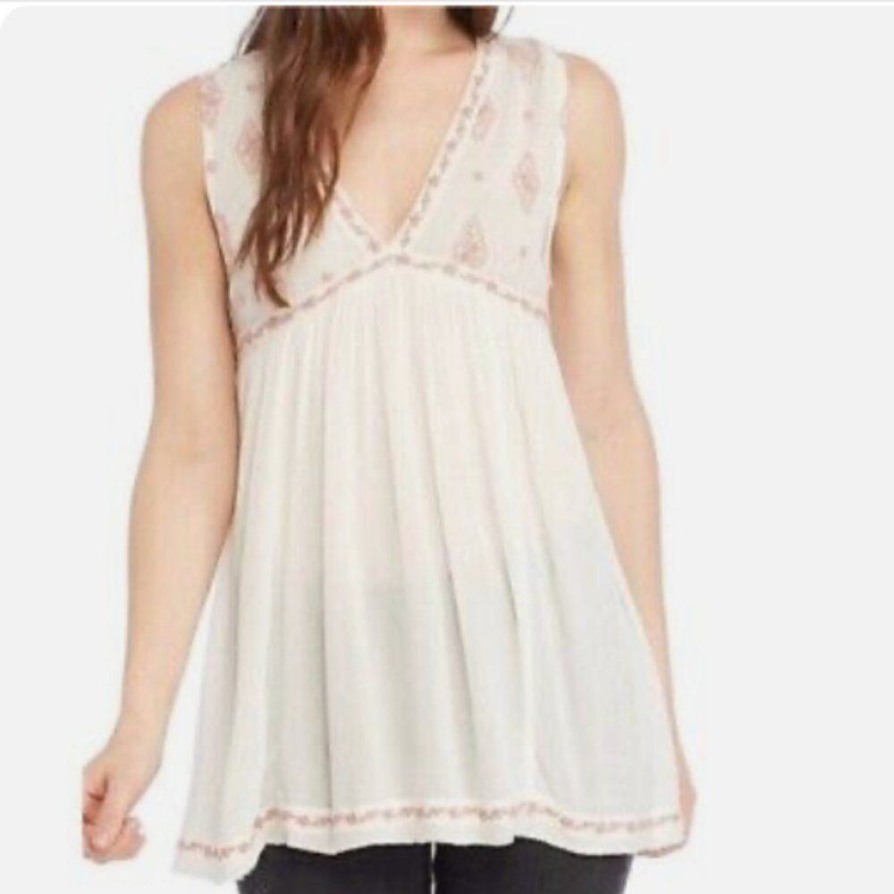 Free  People  Cream Embroidered Tunic Blouse Womens Size XS Low V-Neck Top